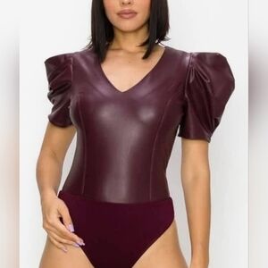 Elegant Burgundy Puff Sleeve Bodysuit